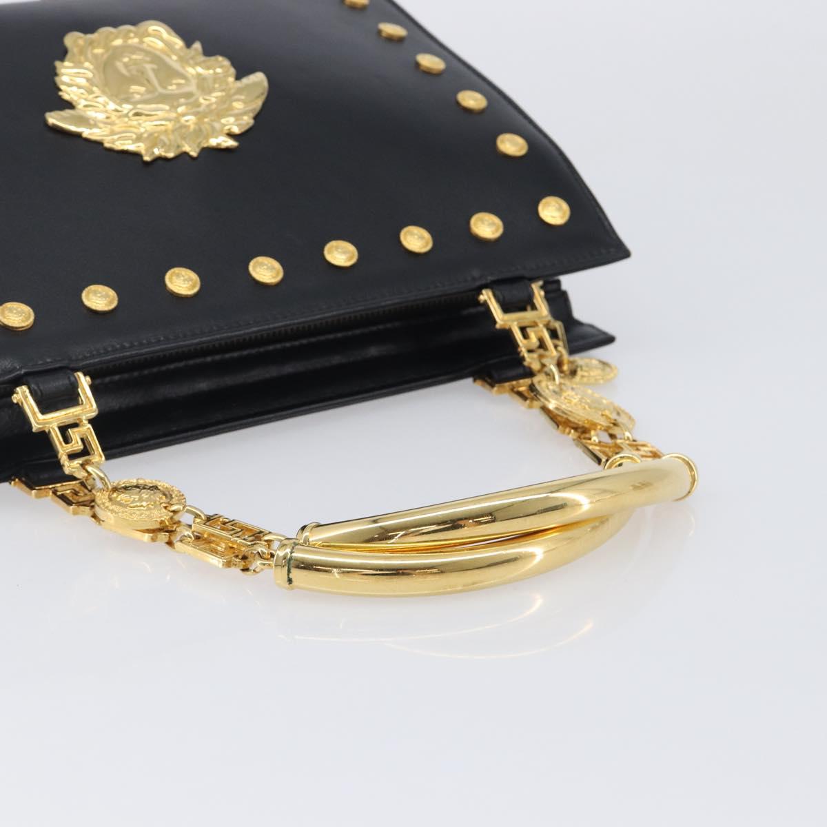 Gianni Versace Hand Bag Leather Black Gold Tone Auth 208883V