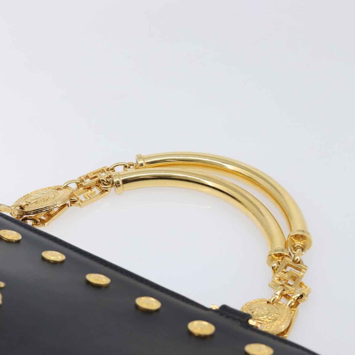 Gianni Versace Hand Bag Leather Black Gold Tone Auth 208883V