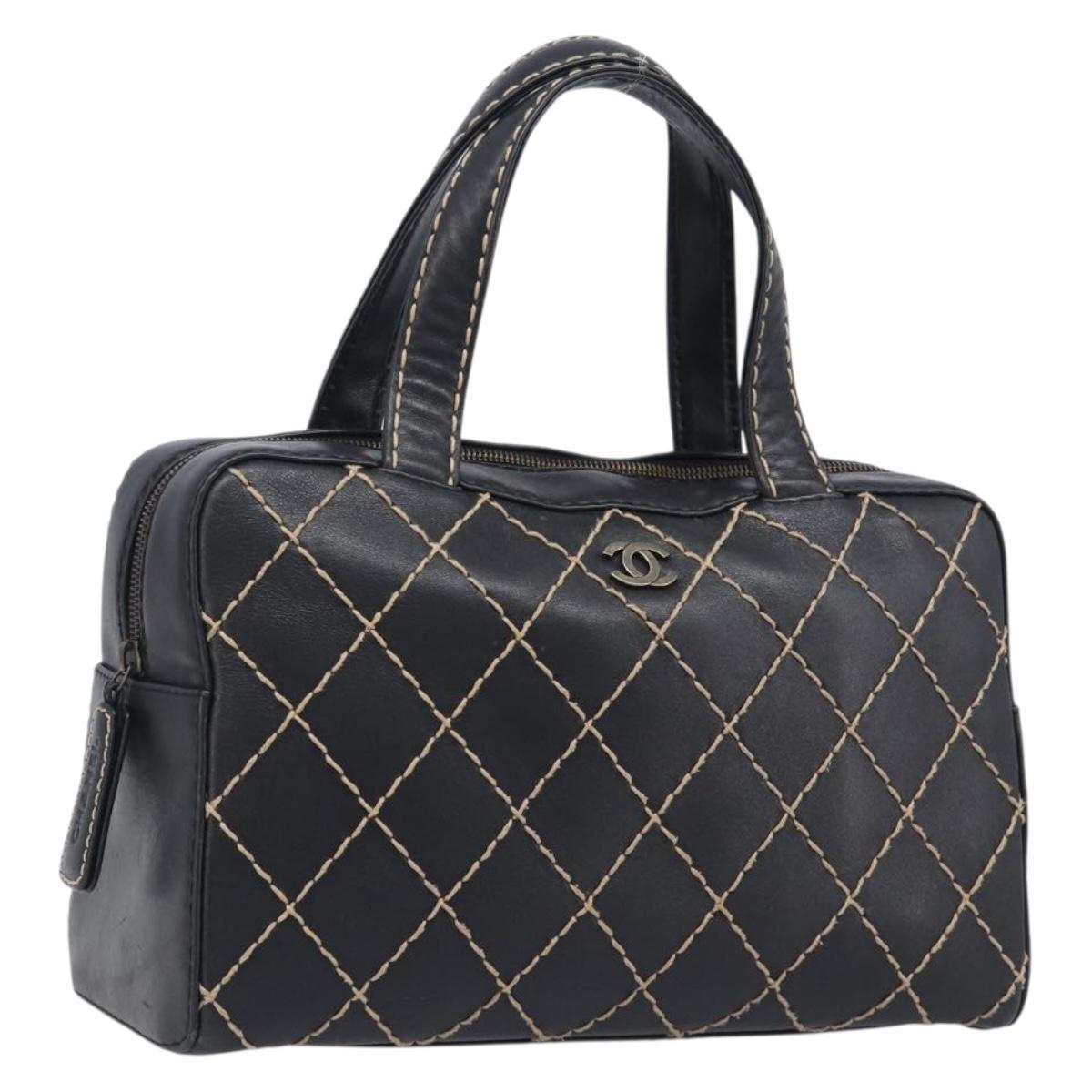 CHANEL Wild Stitch Hand Bag Leather Black Gold Tone CC Auth 208885V