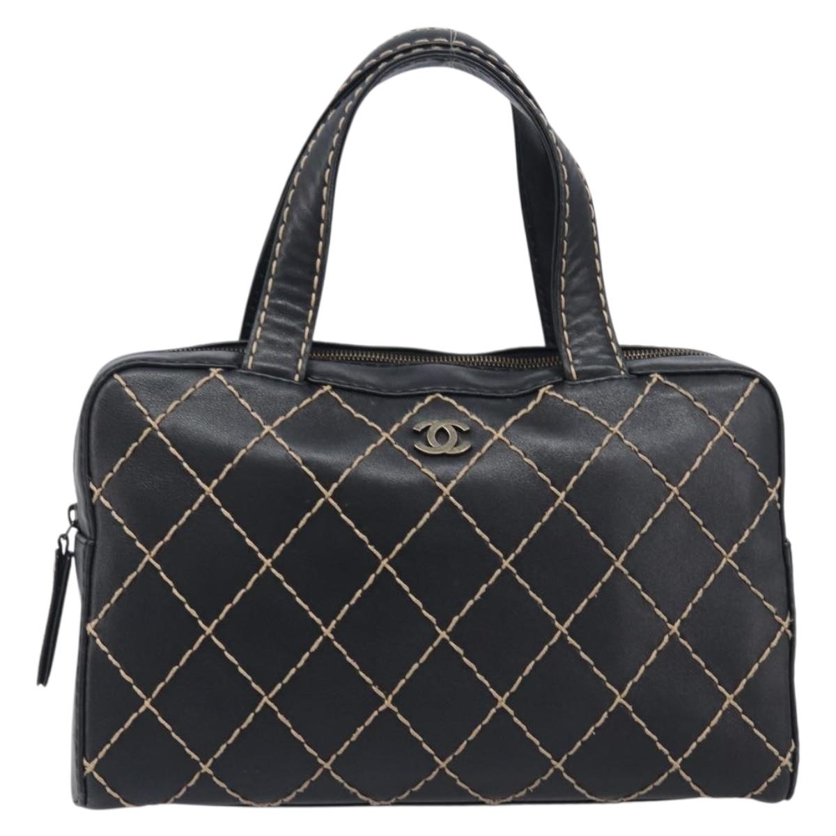 CHANEL Wild Stitch Hand Bag Leather Black Gold Tone CC Auth 208885V