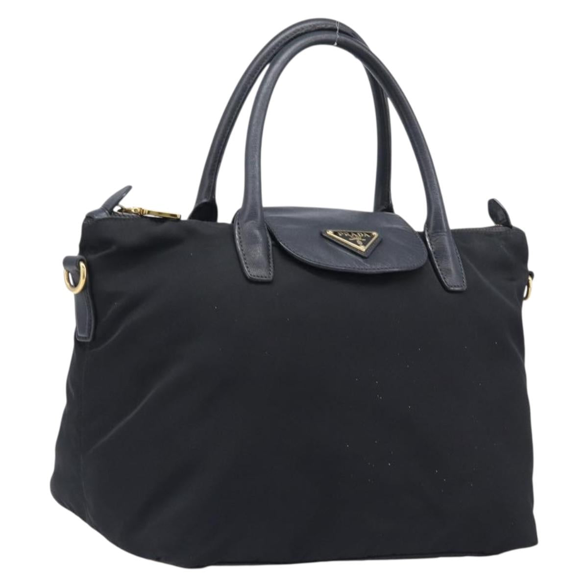 PRADA Hand Bag Nylon Black Gold Tone Auth 208887A