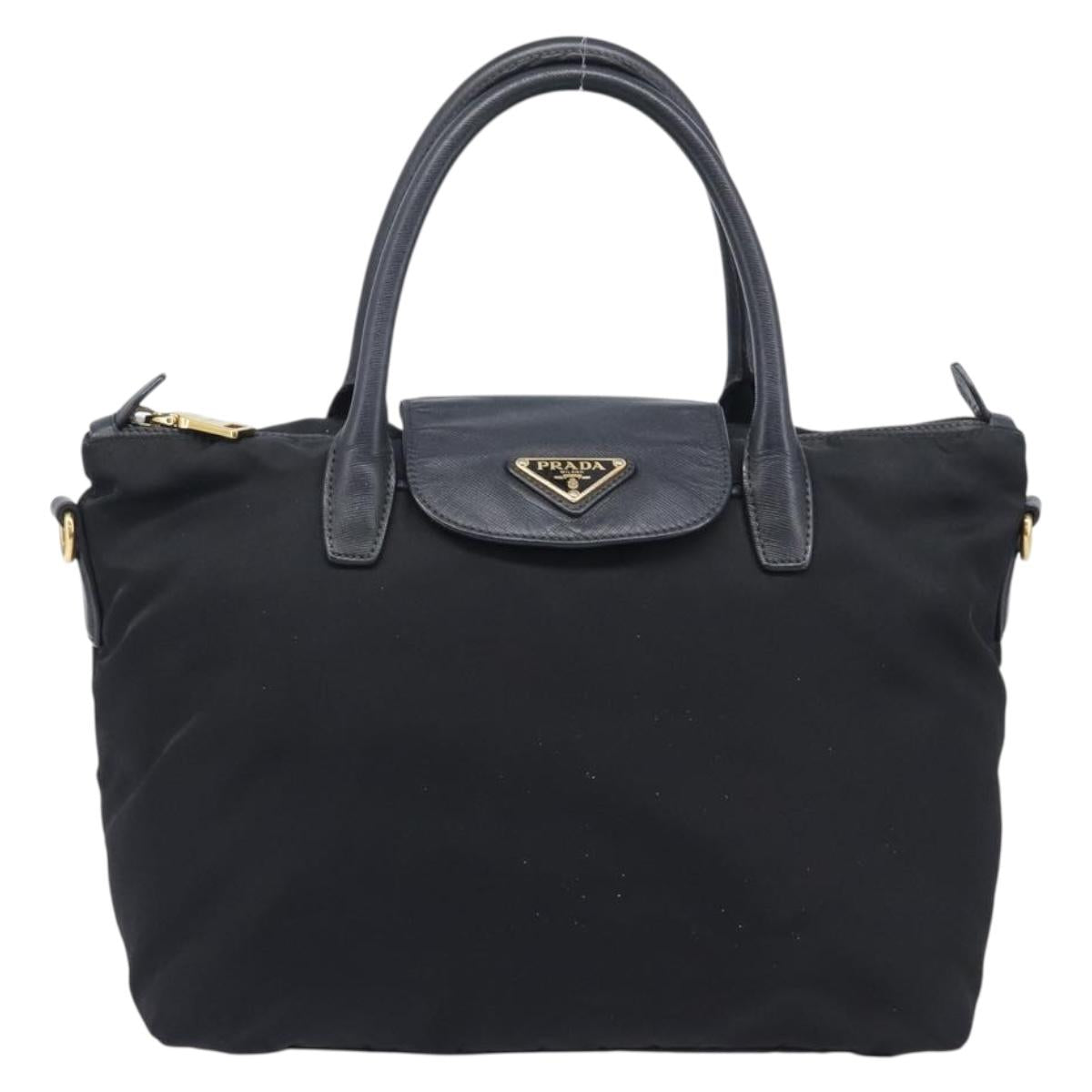 PRADA Hand Bag Nylon Black Gold Tone Auth 208887A