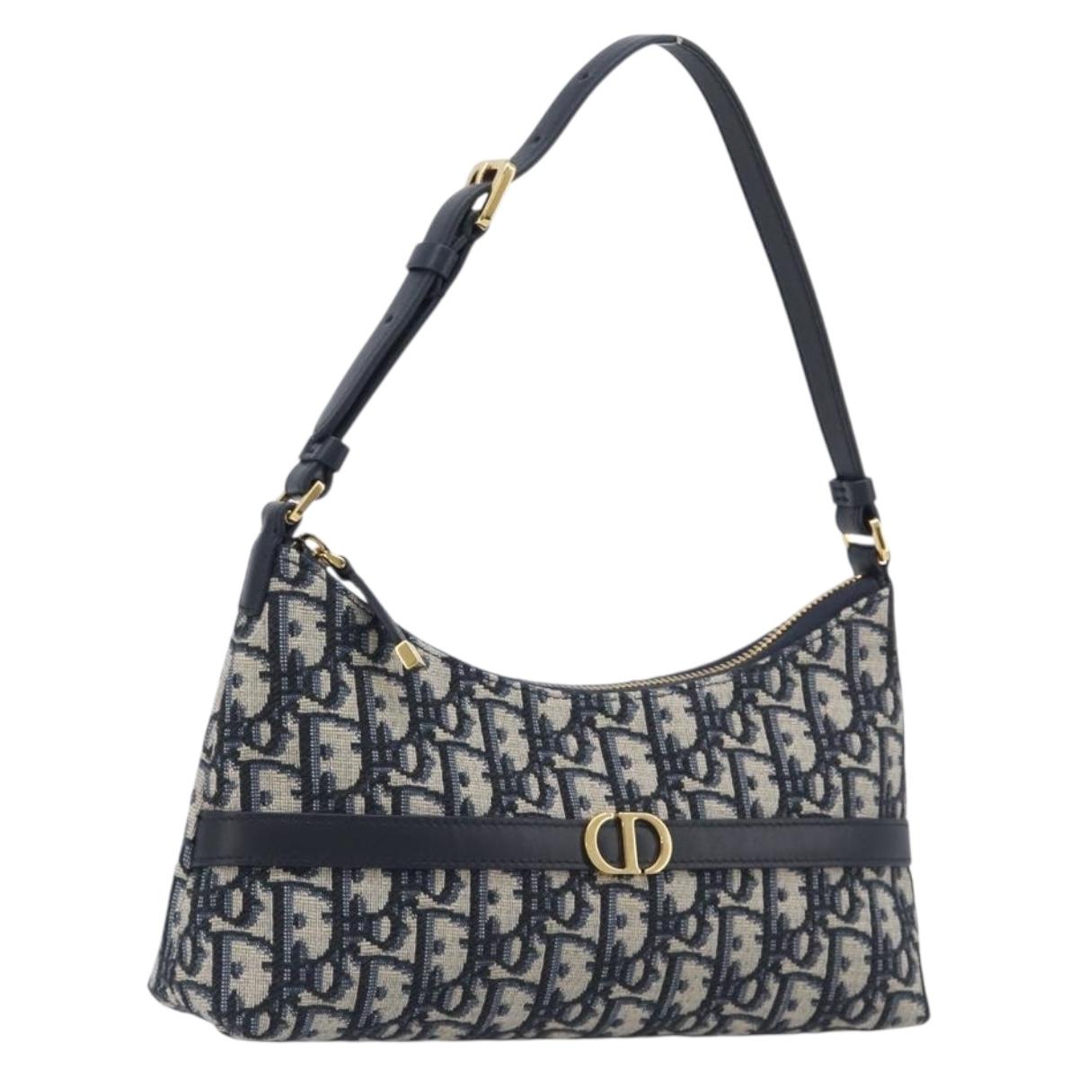 Christian Dior Oblique Montaigne Shoulder Bag Canvas Navy Gold Auth 208889SAM