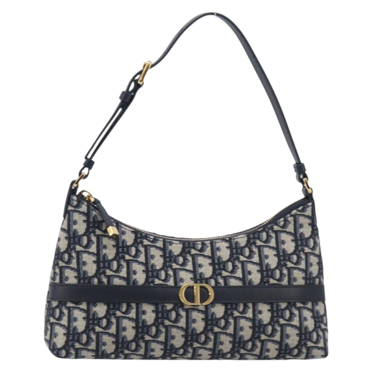 Christian Dior Oblique Montaigne Shoulder Bag Canvas Navy Gold Auth 208889SAM
