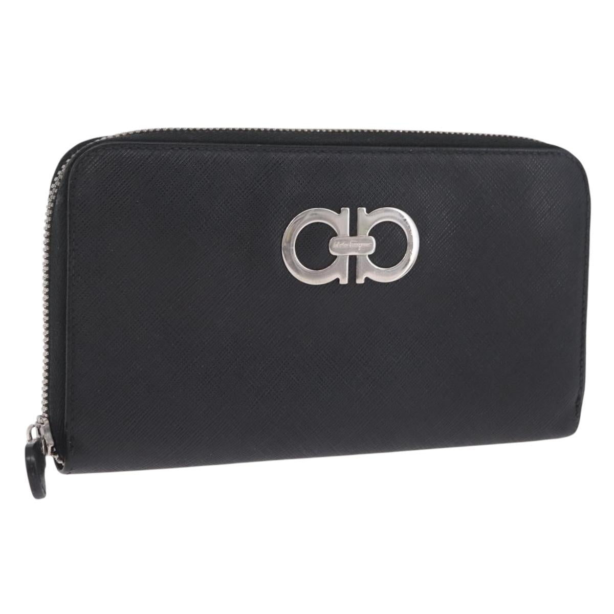 Salvatore Ferragamo Gancini Long Wallet Leather Black Silver Auth 208953V