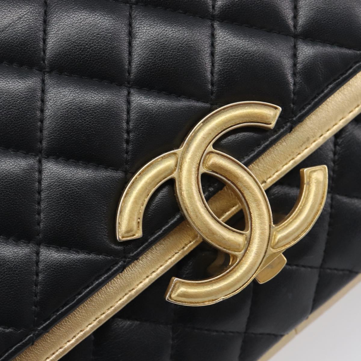 CHANEL Mini Matelasse Chain Shoulder Bag Lamb Skin Black Gold CC Auth 209002SAV