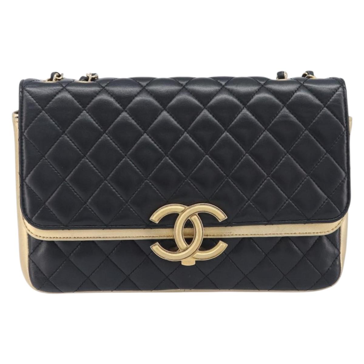 CHANEL Mini Matelasse Chain Shoulder Bag Lamb Skin Black Gold CC Auth 209002SAV