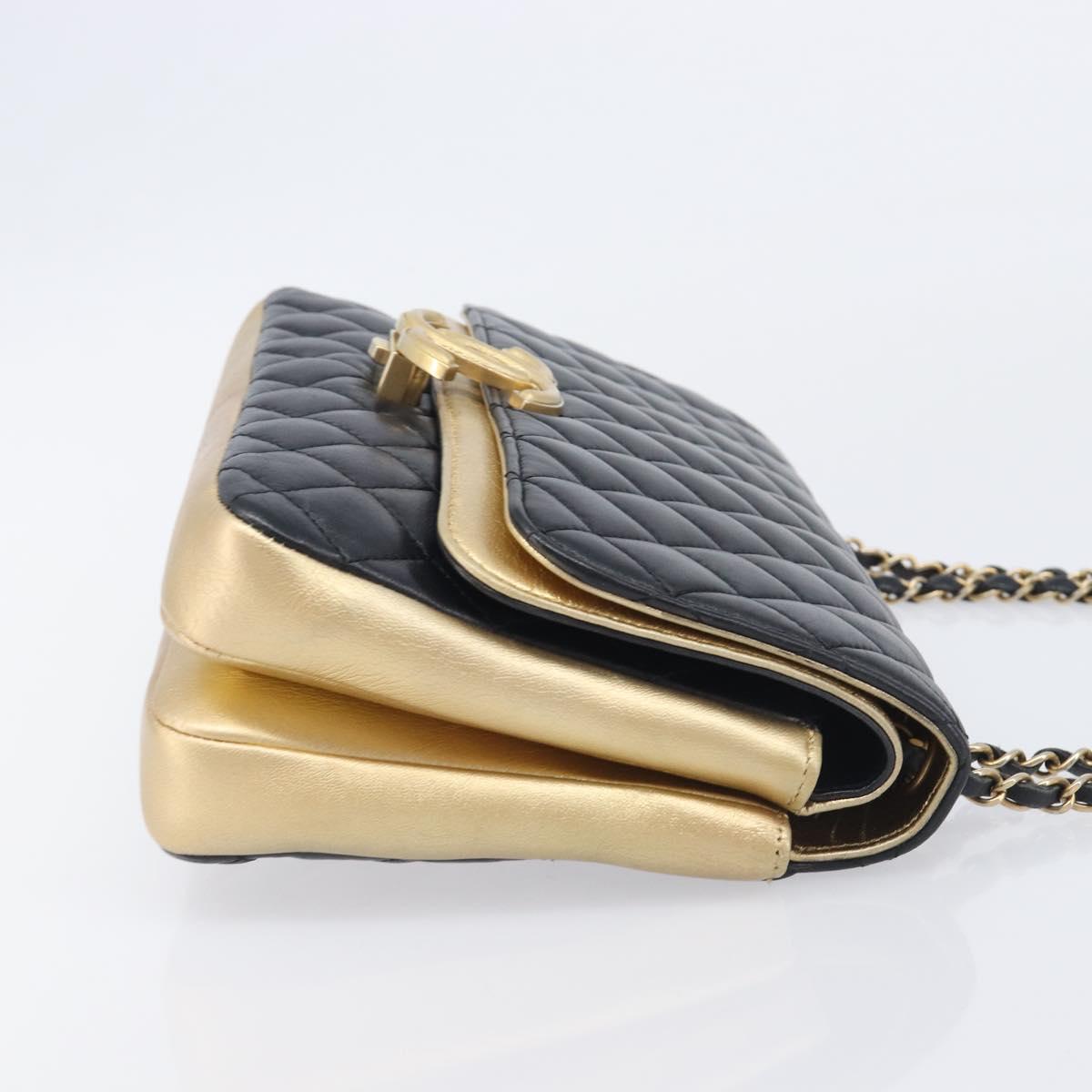 CHANEL Mini Matelasse Chain Shoulder Bag Lamb Skin Black Gold CC Auth 209002SAV