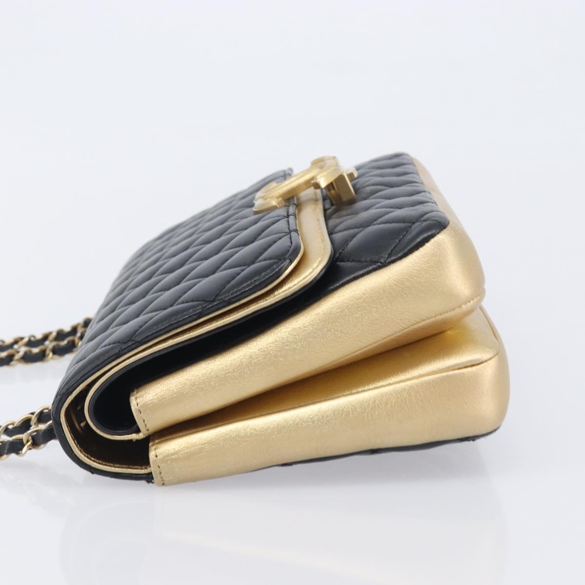 CHANEL Mini Matelasse Chain Shoulder Bag Lamb Skin Black Gold CC Auth 209002SAV