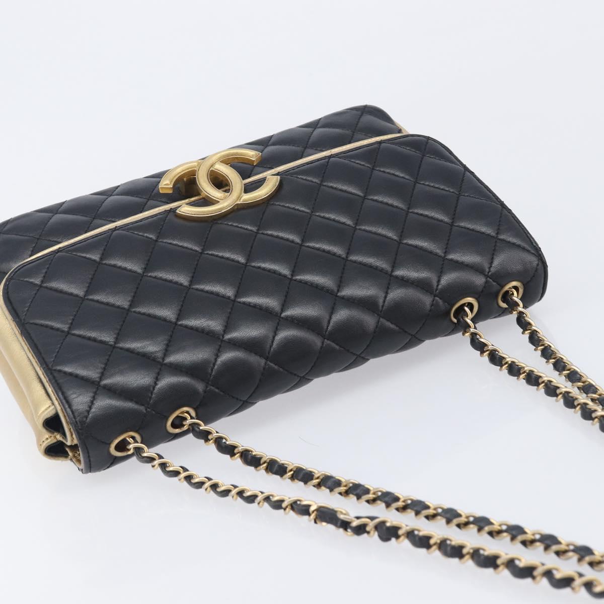 CHANEL Mini Matelasse Chain Shoulder Bag Lamb Skin Black Gold CC Auth 209002SAV
