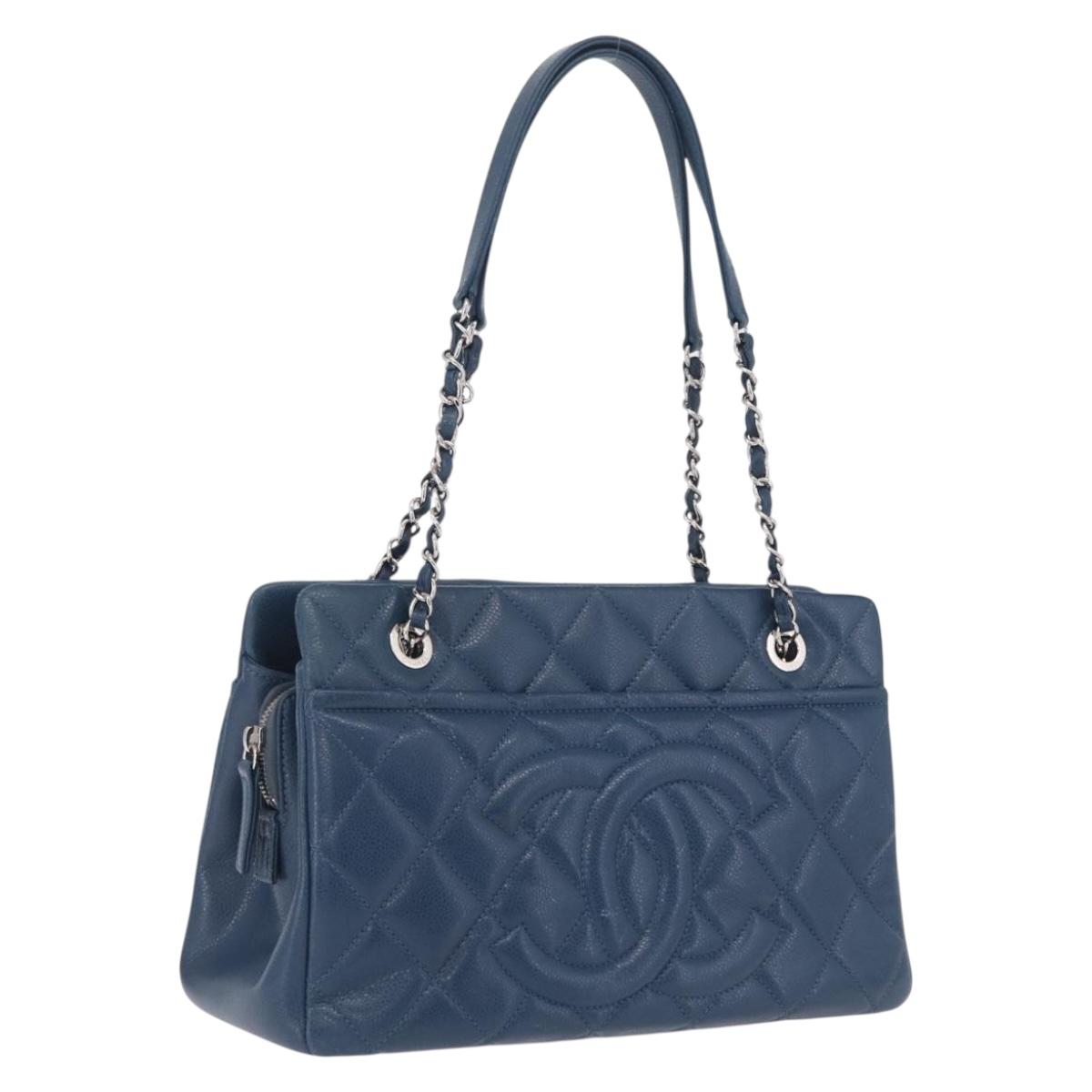 CHANEL Matelasse Chain Tote Bag Caviar Skin Blue Silver CC Auth 209006V