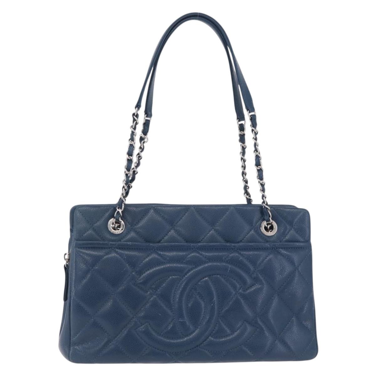 CHANEL Matelasse Chain Tote Bag Caviar Skin Blue Silver CC Auth 209006V