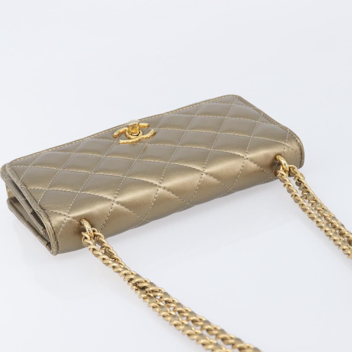 CHANEL Matelasse Chain Shoulder Bag Lamb Skin Gold CC Auth 209007M