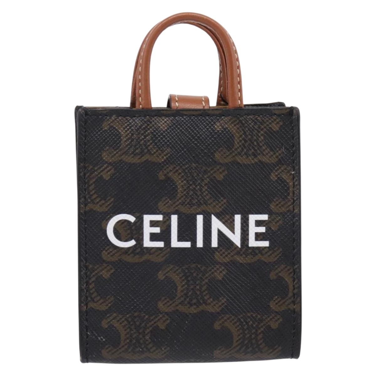 CELINE Macadam Canvas Triomphe Bag Charm PVC Brown Gold Auth 209038M