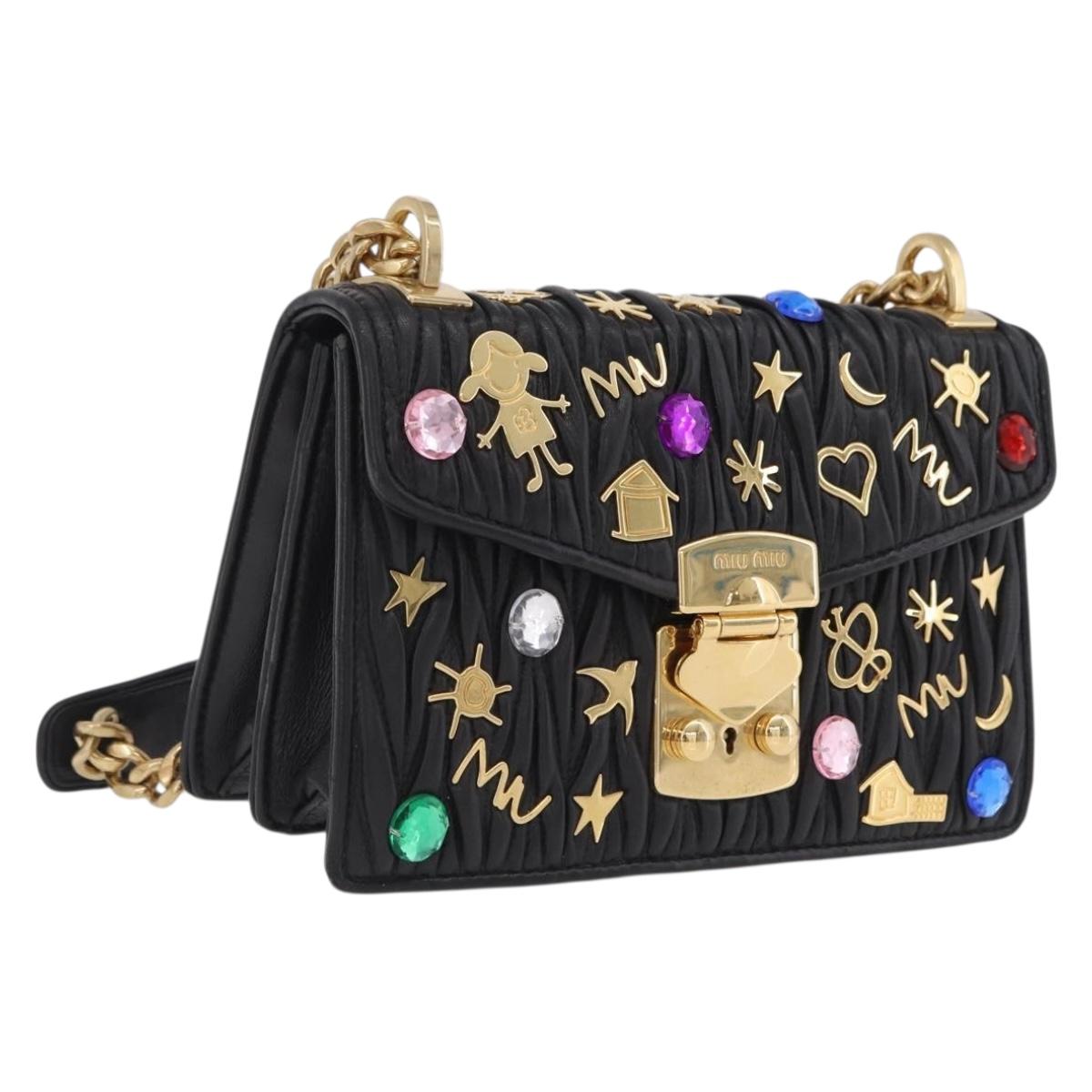 Miu Miu Chain Shoulder Bag Leather Black Gold Auth 209040SAM