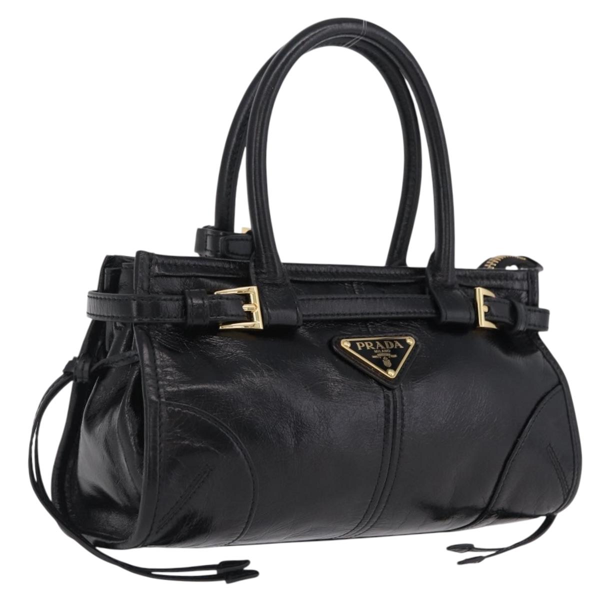 PRADA Bonnie Hand Bag Leather Black Gold Tone Auth 209063SAM