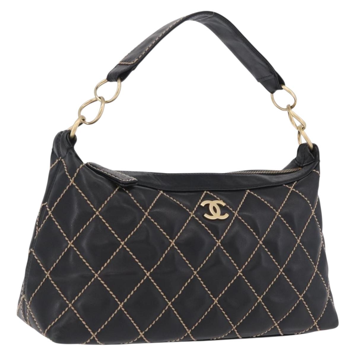 CHANEL Wild Stitch Shoulder Bag Leather Black Gold Tone CC Auth 209100A