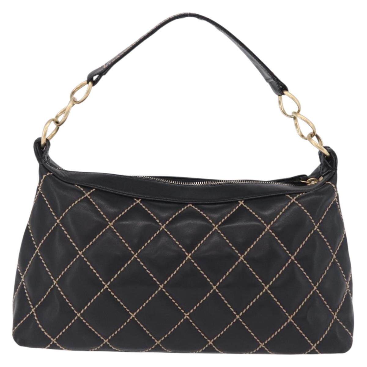 CHANEL Wild Stitch Shoulder Bag Leather Black Gold Tone CC Auth 209100A