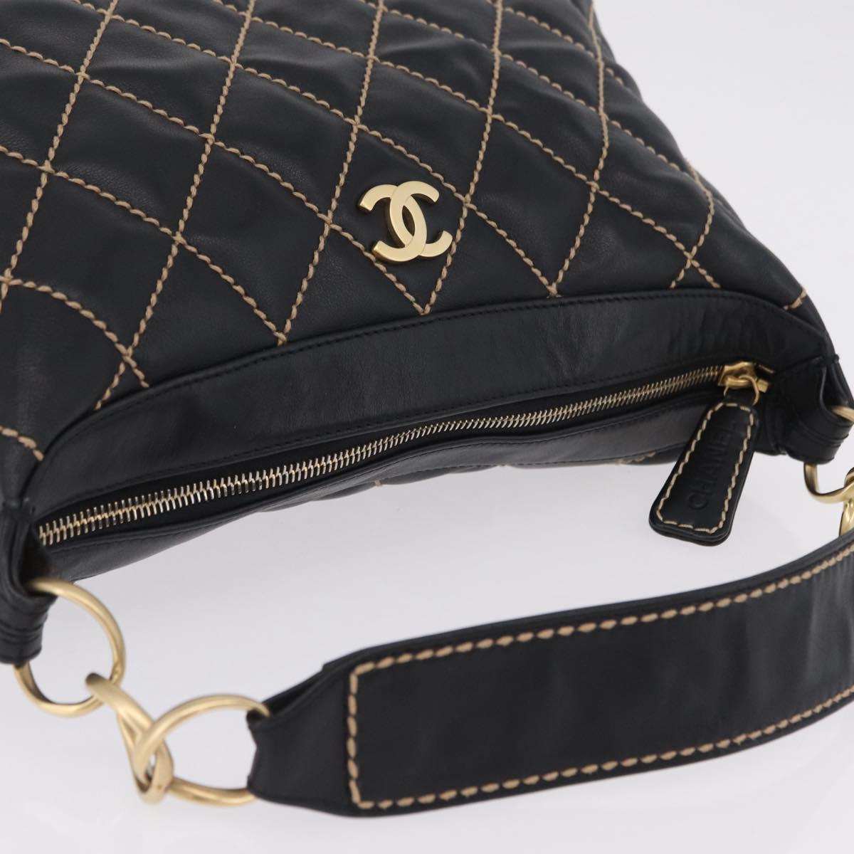 CHANEL Wild Stitch Shoulder Bag Leather Black Gold Tone CC Auth 209100A