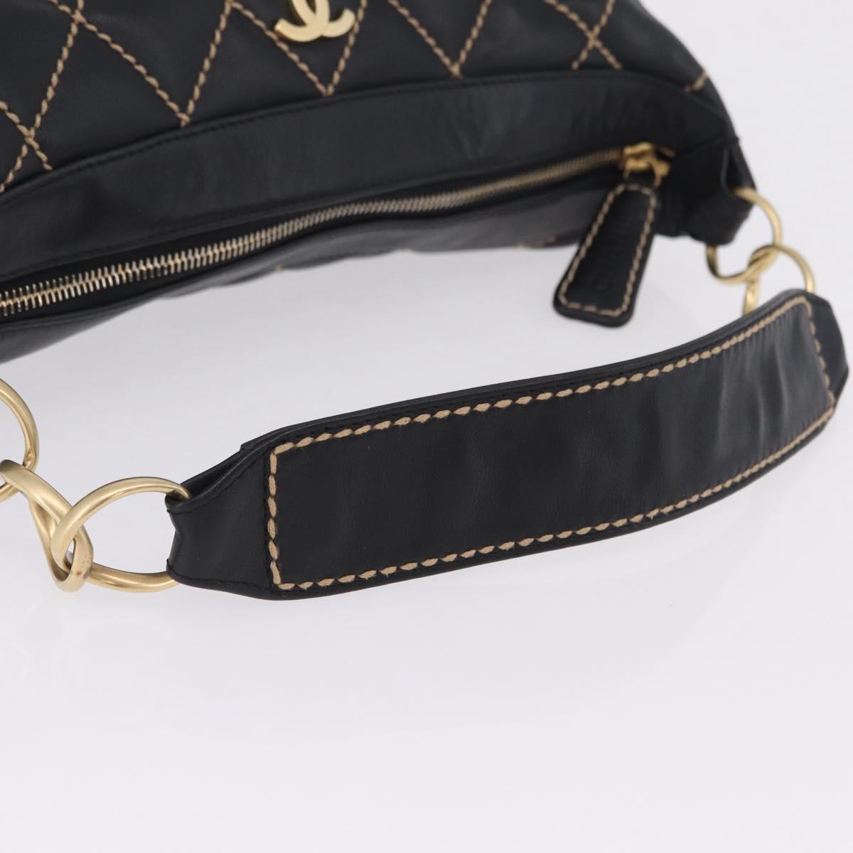 CHANEL Wild Stitch Shoulder Bag Leather Black Gold Tone CC Auth 209100A