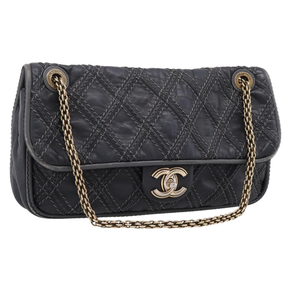 CHANEL Wild Stitch Chain Shoulder Bag Leather Black Gold Tone CC Auth 209101V