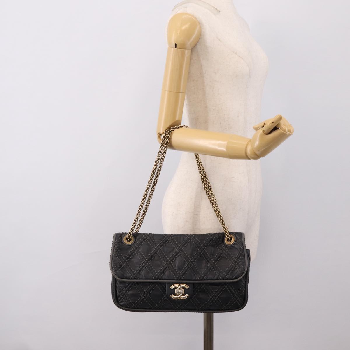 CHANEL Wild Stitch Chain Shoulder Bag Leather Black Gold Tone CC Auth 209101V