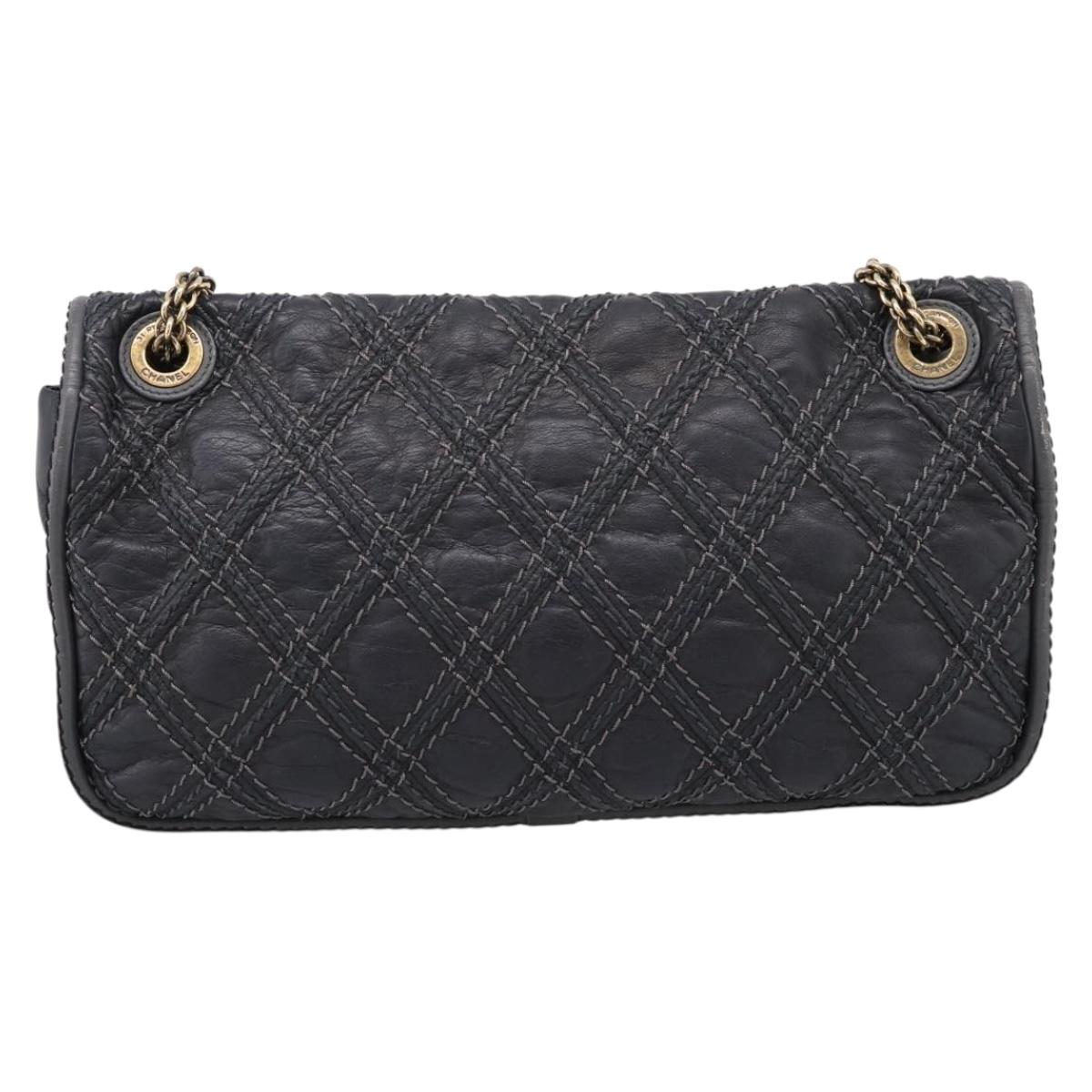 CHANEL Wild Stitch Chain Shoulder Bag Leather Black Gold Tone CC Auth 209101V