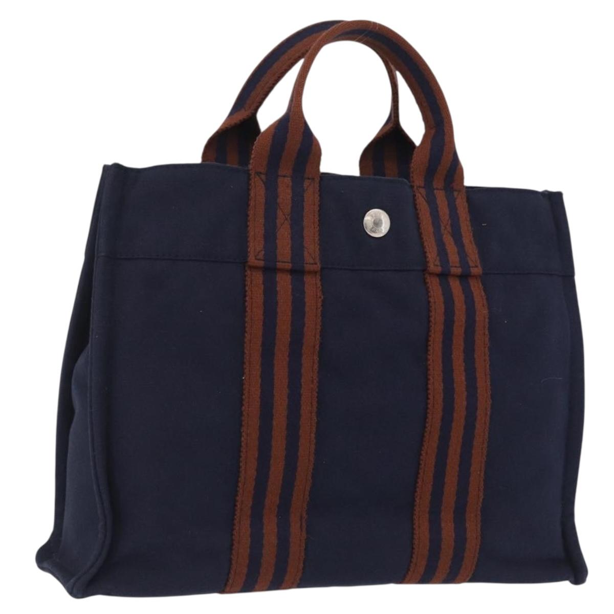 HERMES Fourre Tout PM Hand Bag Canvas Navy Silver Auth 209102A