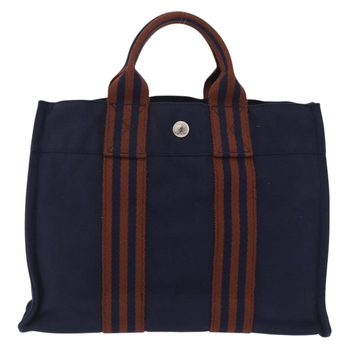 HERMES Fourre Tout PM Hand Bag Canvas Navy Silver Auth 209102A