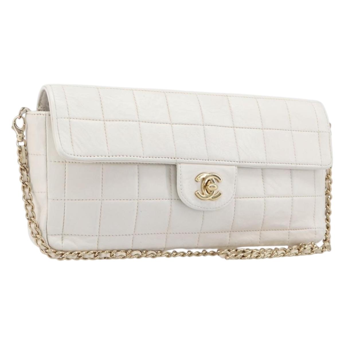 CHANEL Choco Bar Shoulder Bag Lamb Skin White Gold Tone CC Auth 209121