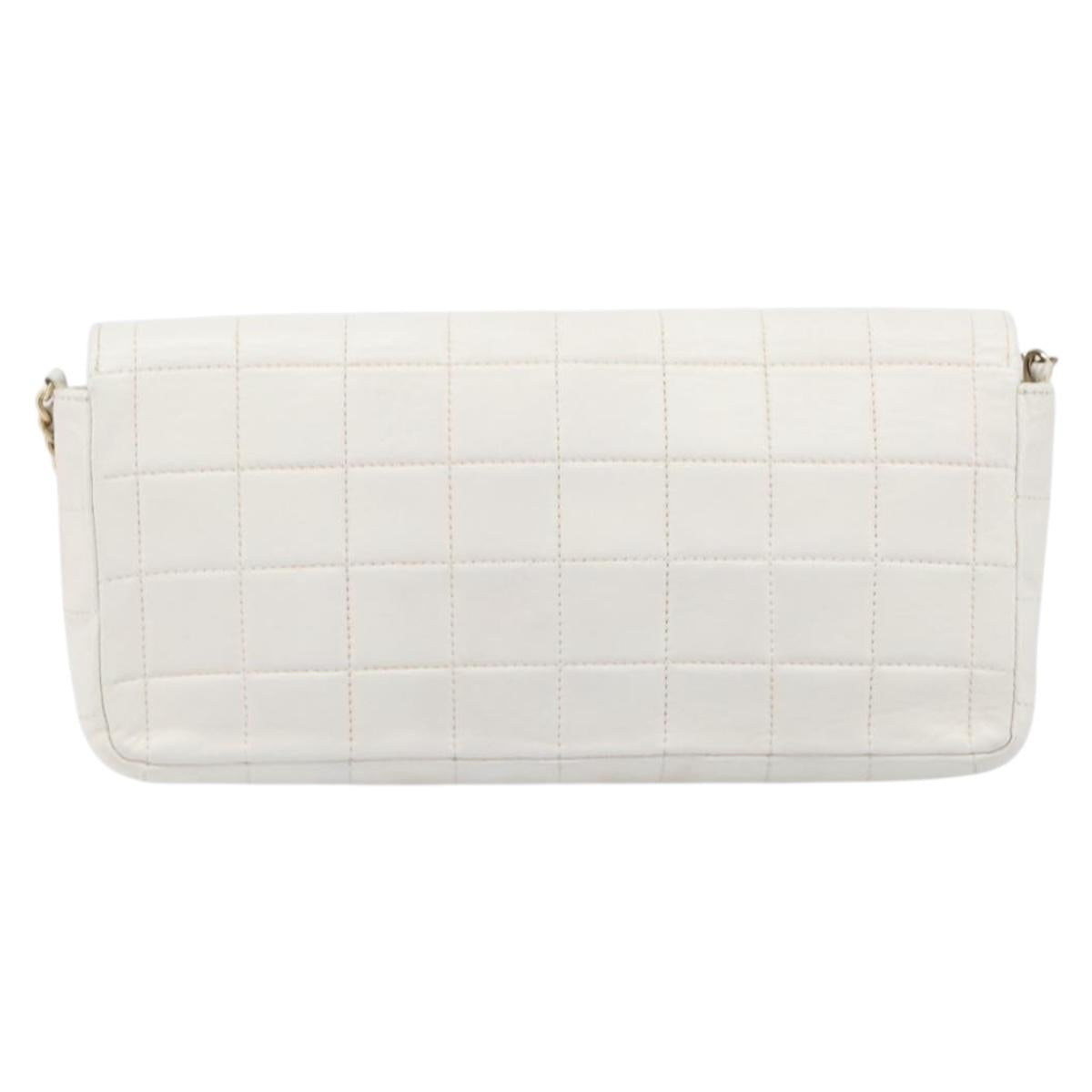 CHANEL Choco Bar Shoulder Bag Lamb Skin White Gold Tone CC Auth 209121
