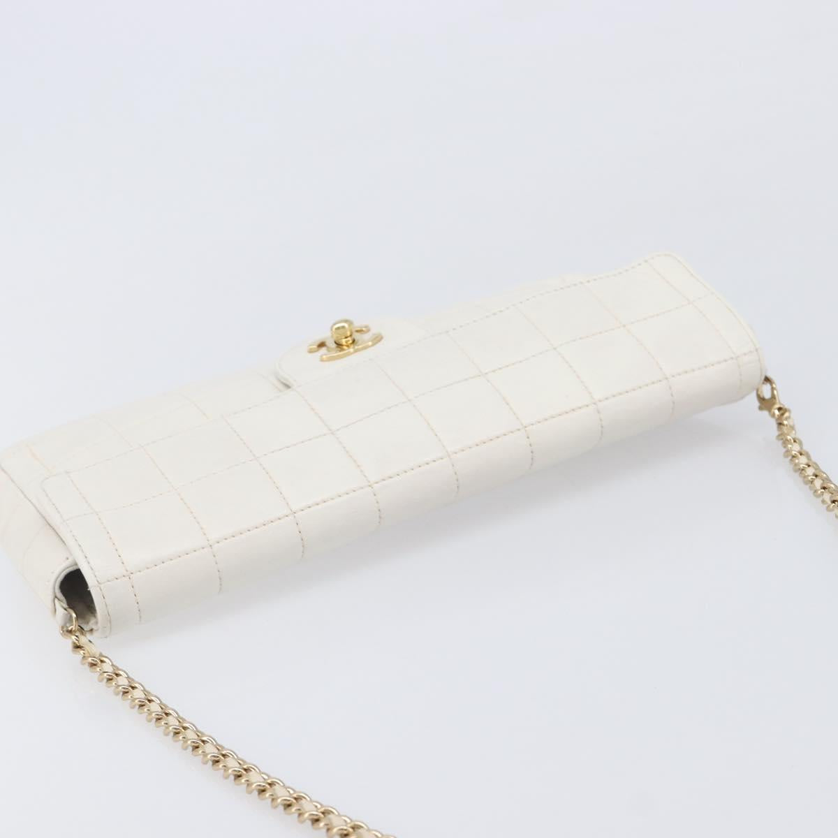 CHANEL Choco Bar Shoulder Bag Lamb Skin White Gold Tone CC Auth 209121