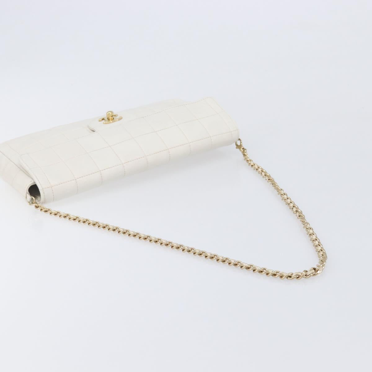 CHANEL Choco Bar Shoulder Bag Lamb Skin White Gold Tone CC Auth 209121