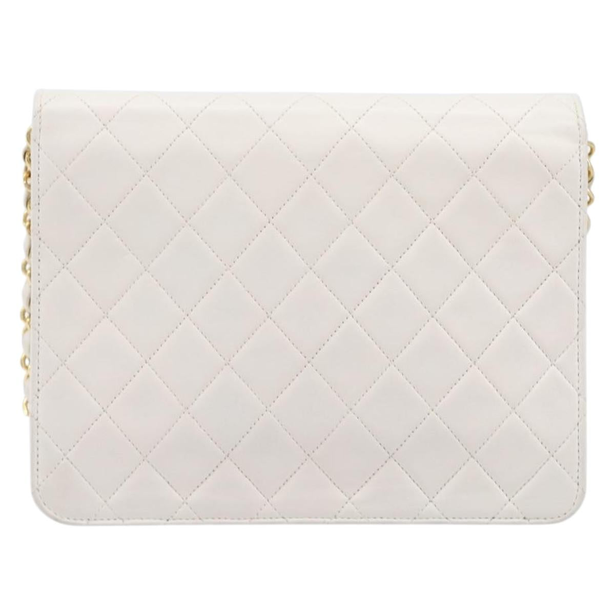 CHANEL Matelasse Shoulder Bag Lamb Skin White Gold Tone CC Auth 209122