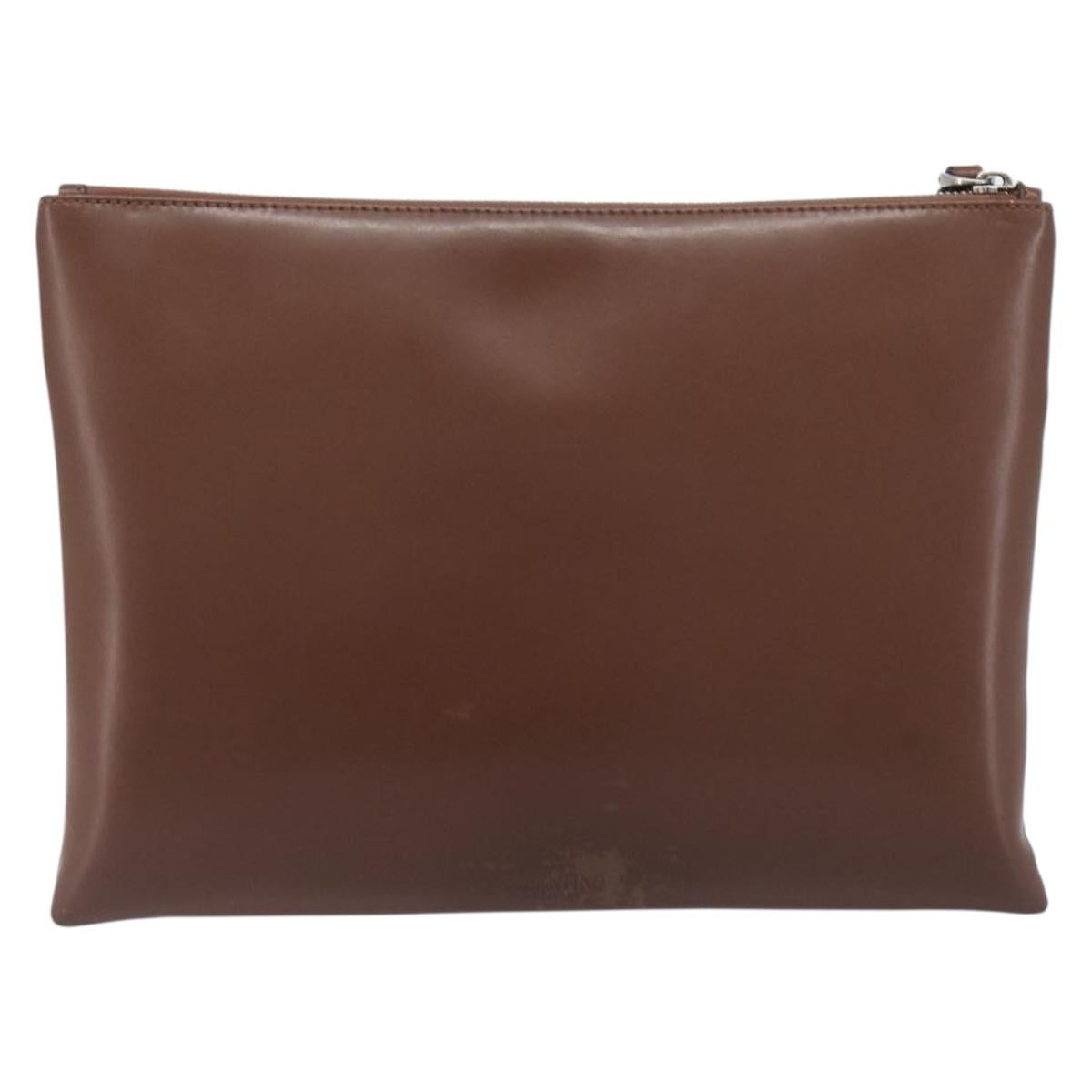 Valentino Clutch Bag Leather Brown Silver Auth 209130
