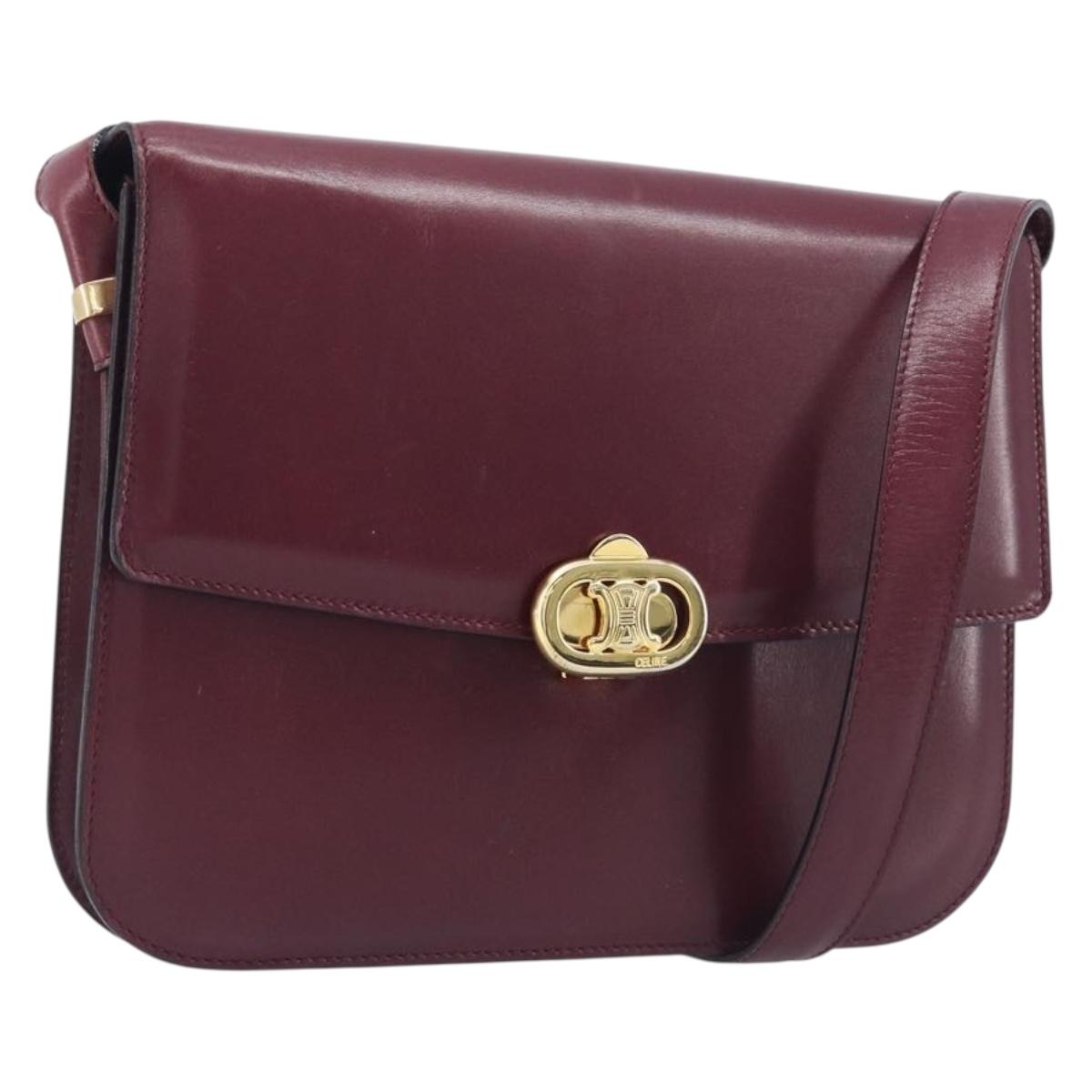 CELINE Shoulder Bag Leather Bordeaux Gold Tone Auth 209136A