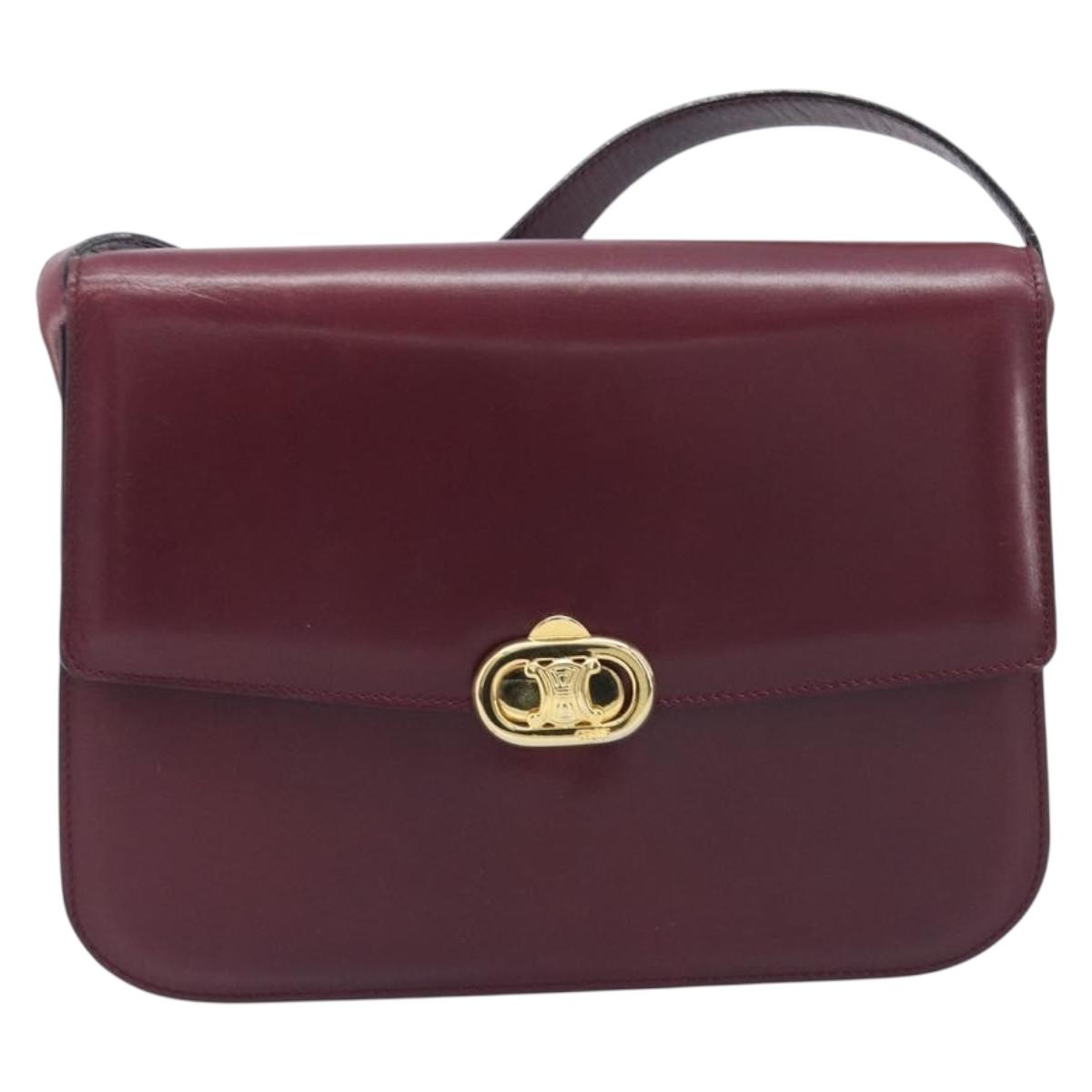 CELINE Shoulder Bag Leather Bordeaux Gold Tone Auth 209136A