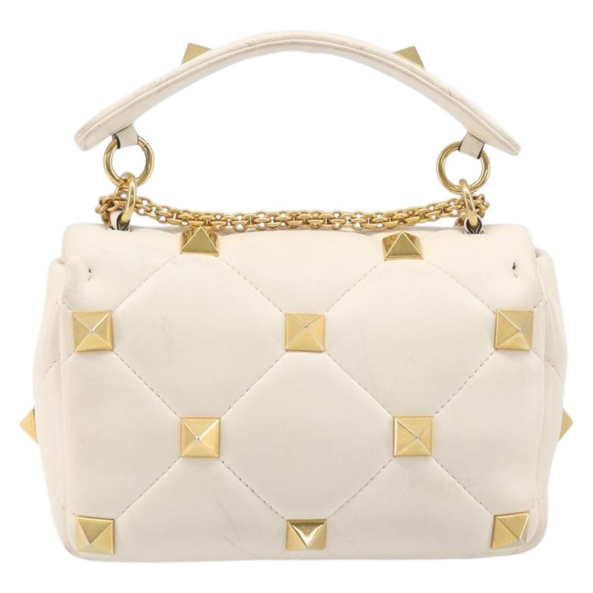 Valentino Roman Studs Hand Bag Leather 2way Ivory Gold Auth 209138A