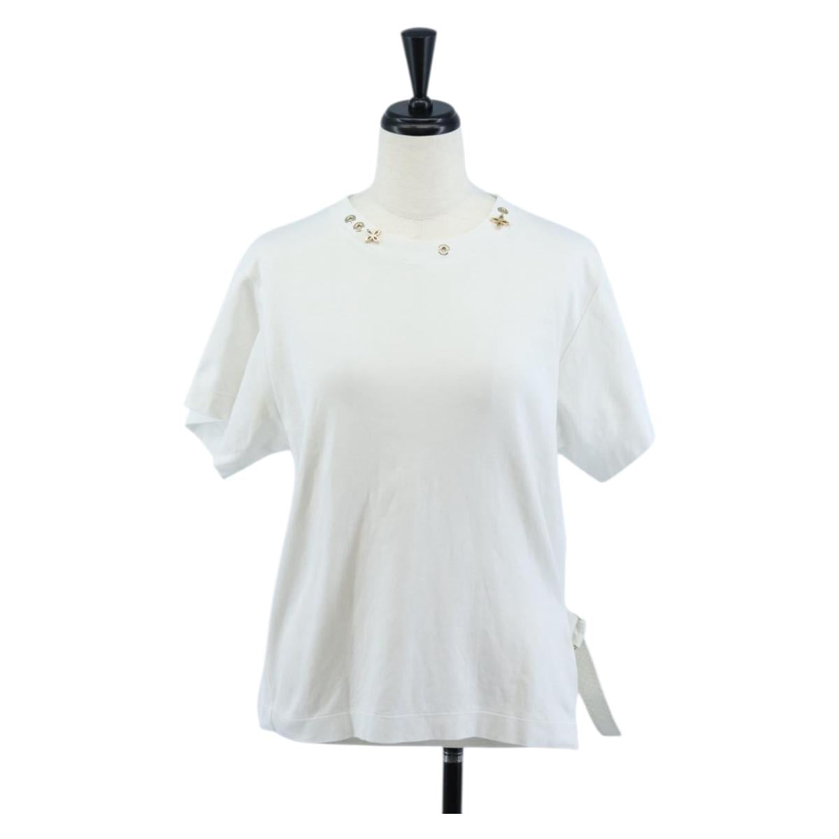 LOUIS VUITTON Side Strap Short-Sleeved T-Shirt Cotton White Gold LV Auth 209145