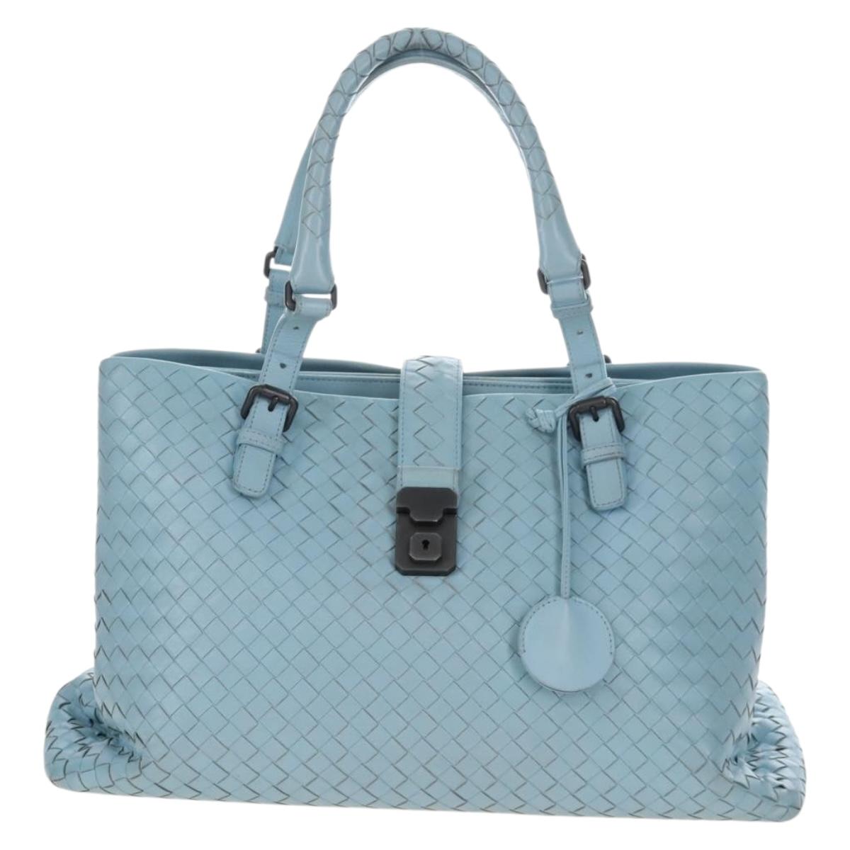 Bottega Veneta INTRECCIATO Rome Hand Bag Leather Light Blue Silver Auth 209151