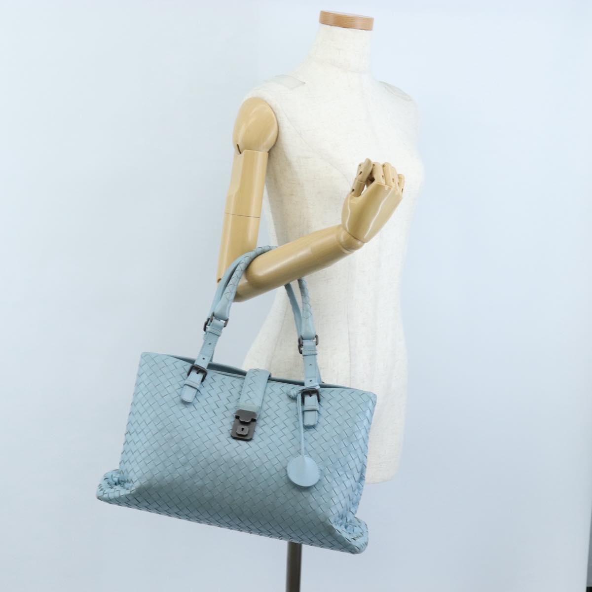 Bottega Veneta INTRECCIATO Rome Hand Bag Leather Light Blue Silver Auth 209151