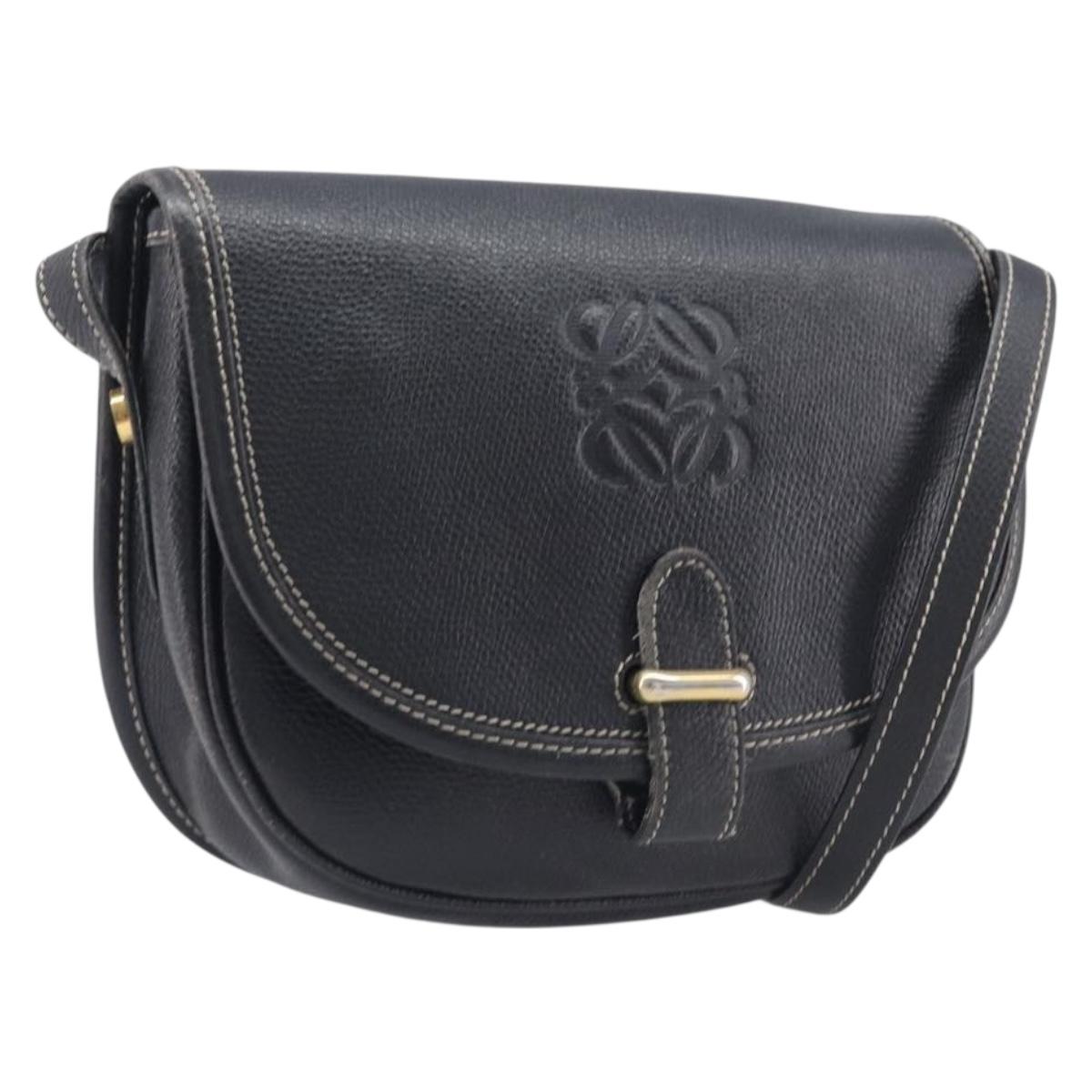 LOEWE Anagram Shoulder Bag Leather Black Gold Tone Auth 209157