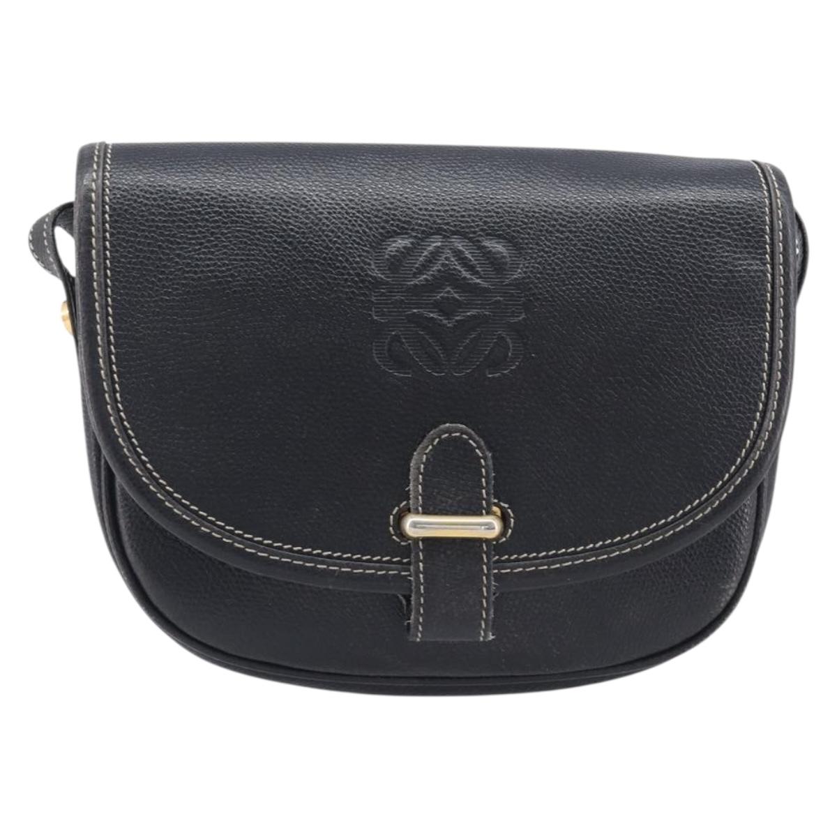 LOEWE Anagram Shoulder Bag Leather Black Gold Tone Auth 209157