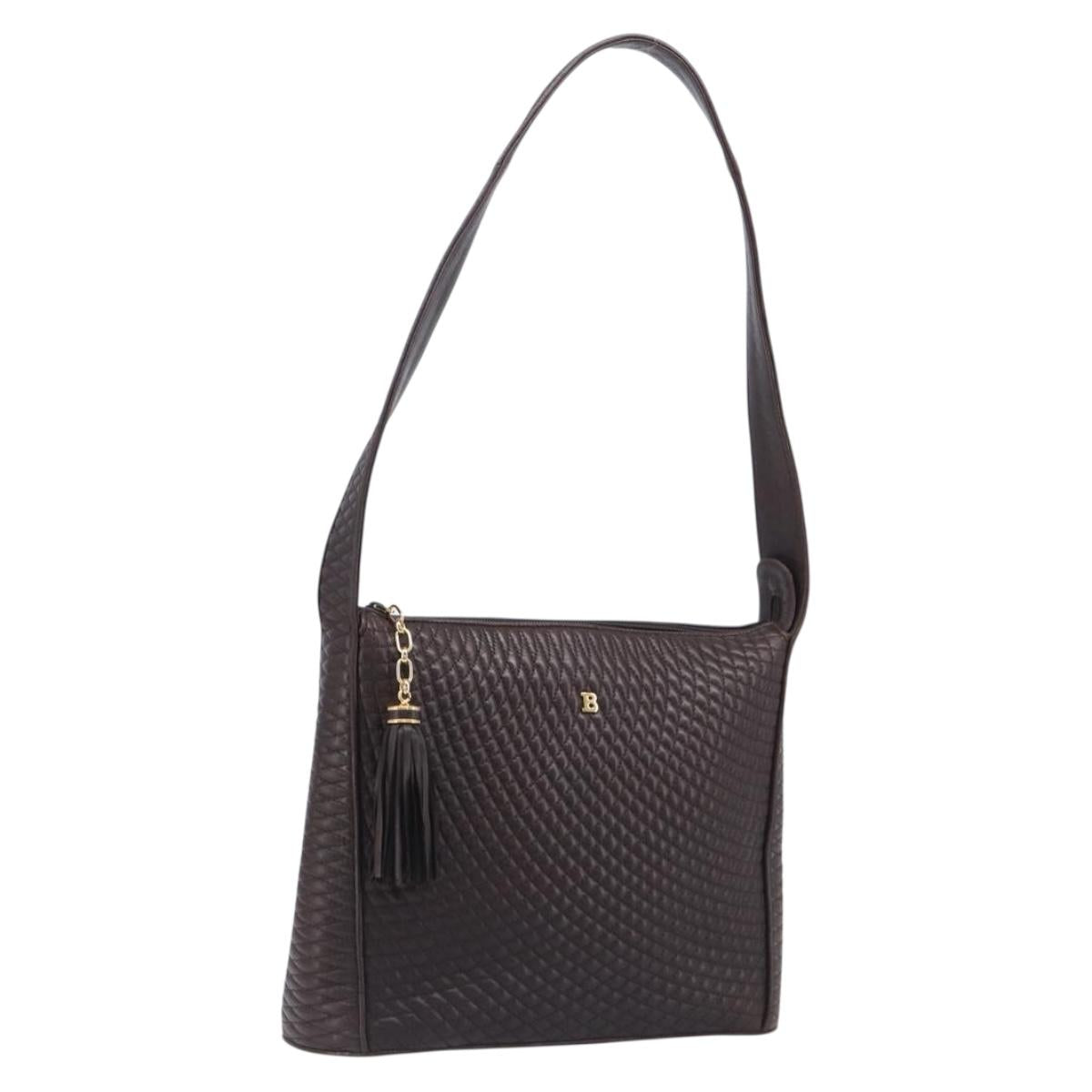 Bally Quilted Shoulder Bag Leather Brown Gold Tone Auth 209159A