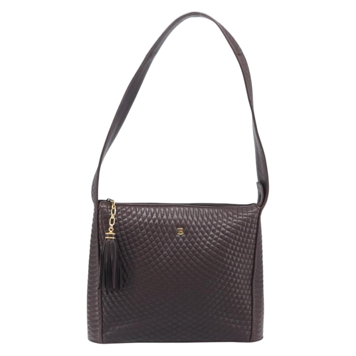 Bally Quilted Shoulder Bag Leather Brown Gold Tone Auth 209159A