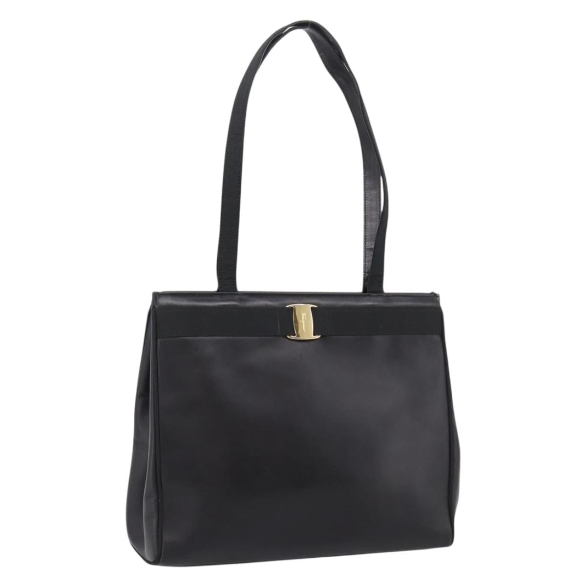 Salvatore Ferragamo Vala Tote Bag Leather Black Gold Tone Auth 209160