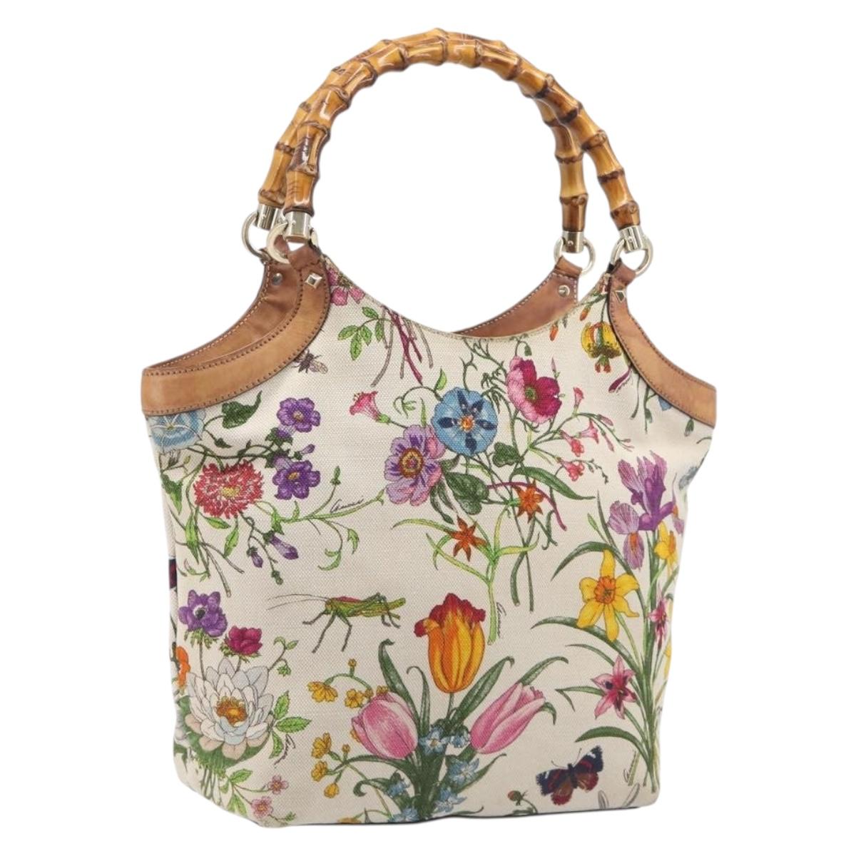 GUCCI Bamboo Flora Hand Bag Canvas Beige Gold Tone 137394 Auth 209161