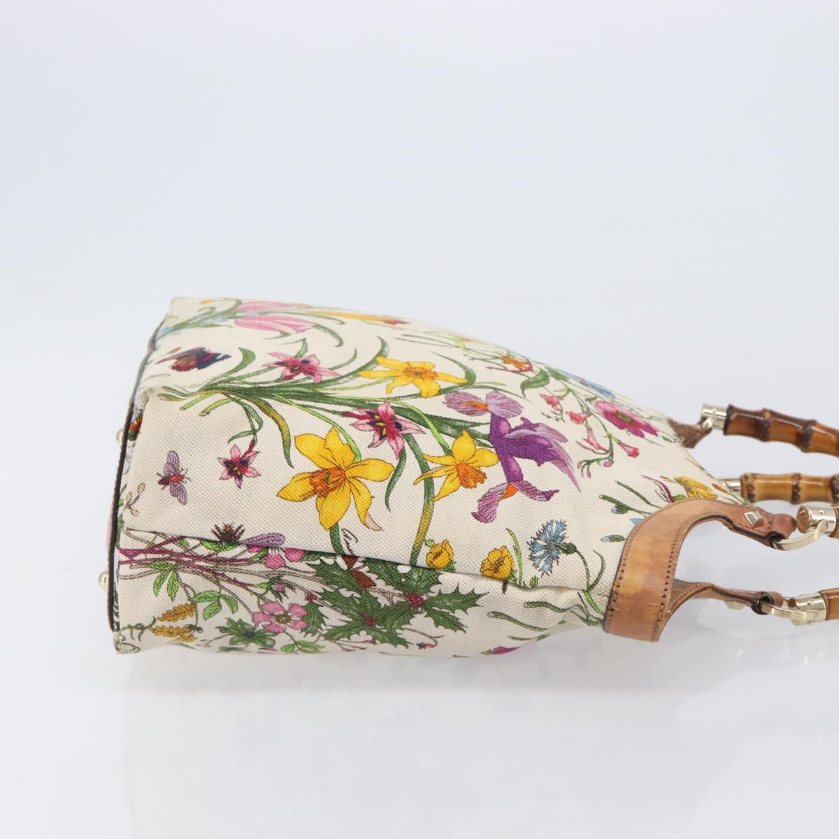 GUCCI Bamboo Flora Hand Bag Canvas Beige Gold Tone 137394 Auth 209161