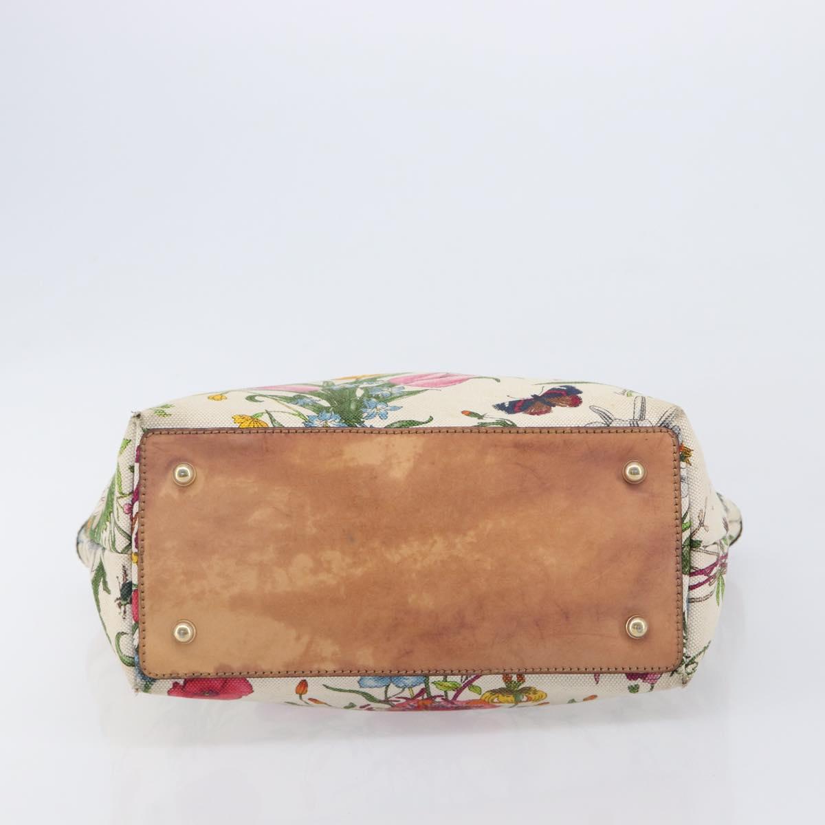 GUCCI Bamboo Flora Hand Bag Canvas Beige Gold Tone 137394 Auth 209161