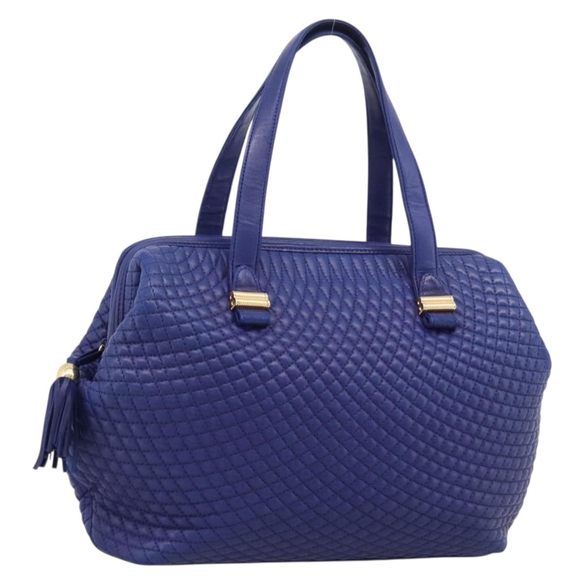 Bally Quilted Hand Bag Leather Blue Gold Tone Auth 209165A